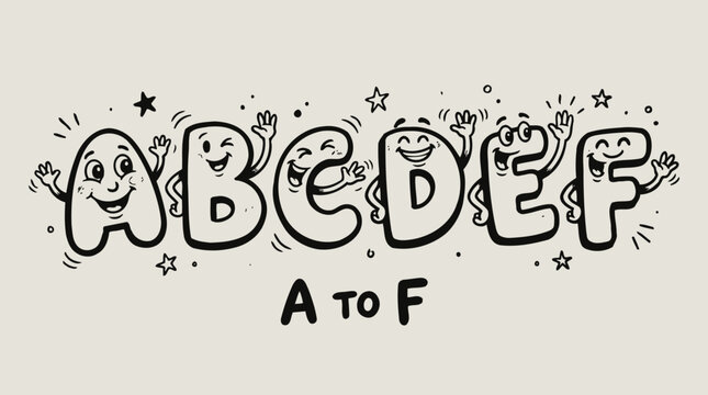 Alphabet, cartoon letters, ABCDEF, educational, kids, vector, black and white, illustrations, A to F, funny characters
