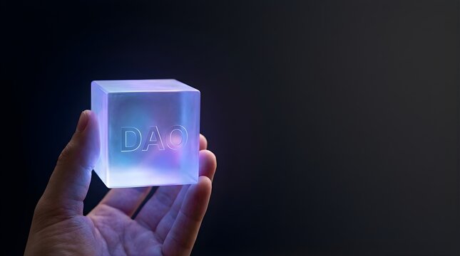 Hand holding translucent glowing cube with dao text symbolizing decentralized autonomous organization concept