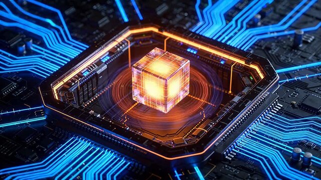 Glowing transparent cube core surrounded by circuit lines on electronic board