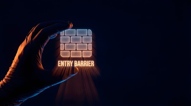 Human hand breaking through digital brick wall concept representing overcoming entry barriers in business