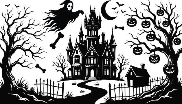 Halloween haunted house silhouette with ghost, pumpkins, and spooky trees vector.