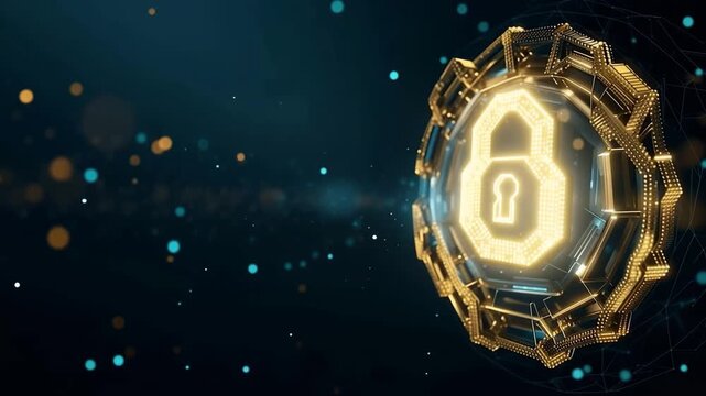 Abstract 3D cyber security lock background with glowing golden padlock and digital shield network. Futuristic data privacy protection, cryptocurrency blockchain encryption and information safety conce