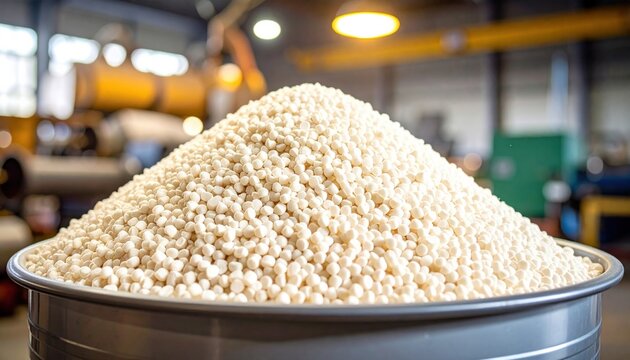 Abundant heap of white polypropylene plastic granules stored inside a large industrial metal basin, capturing the essence of mass manufacturing processes within a modern factory production facility.