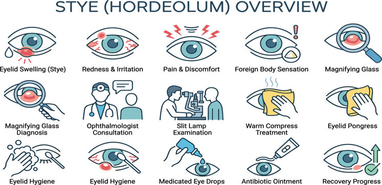 Stye Hordeolum Eye Infection Infographic Featuring Eyelid Swelling, Redness, Diagnosis, Warm Compress Treatment, Antibiotic Ointment, and Recovery Healthcare Concepts
