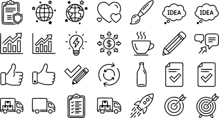Naklejka premium Business startup logistics marketing strategy and corporate social responsibility minimal line vector icon set,