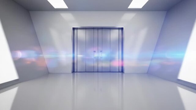 Blurred view of a bright white futuristic corridor featuring a highly reflective polished floor, symmetrical slanted light panels, and ceiling lights leading to a central doorway.