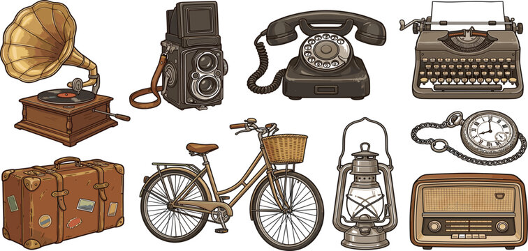 Vintage Retro Objects Collection Featuring Gramophone, Rotary Telephone, Typewriter, Bicycle, Lantern, Camera, Radio, and Antique Travel Suitcase Illustrations for Nostalgic Designs