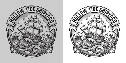 Vintage Nautical Logo of Sailing Ship on Rough Sea Waves with Anchors and Hollow Tide Shipyard Ribbon Woodcut Style © Hamdani
