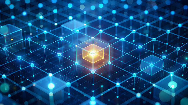 Glowing golden data block inside a blue cybernetic grid representing blockchain technology and advanced secure cloud storage