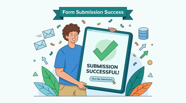 A man holds a large tablet with a successful form submission on the screen surrounded by various icons and leaves.