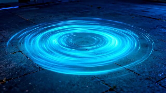 Circular spiral light pattern with blue and purple neon glow on dark ground