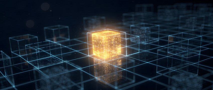 Glowing golden data cube standing out among transparent digital blocks representing unique blockchain algorithms and data mining