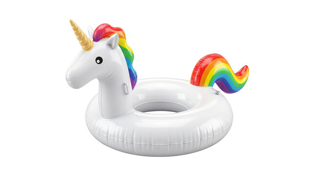 Inflatable unicorn pool float with rainbow mane and tail, white rubber swim ring for summer vacation, colorful water toy for beach parties isolated on Transparent Background