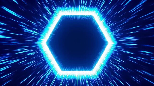 Glowing blue hexagonal frame structure made of neon lines in dark space