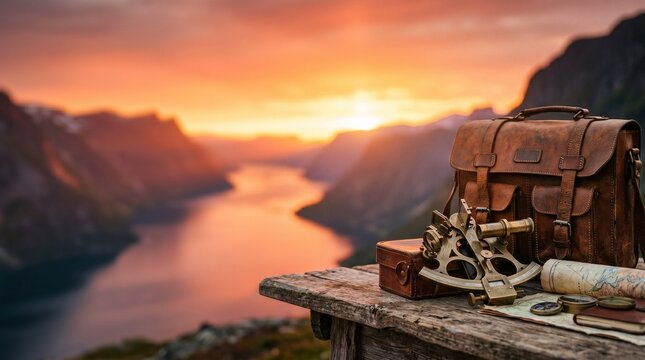 Vintage explorer gear with sextant and leather bag overlooking a fjord