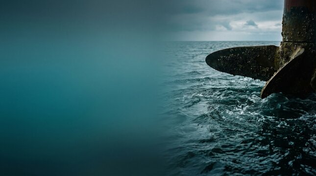 Closeup of a weathered ship propeller partially submerged in the ocean