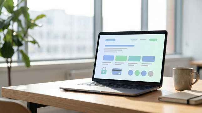Laptop displaying secure online payment gateway UI with checkout form, digital wallet and card verification icons, fintech interface, e commerce technology, office workspace, copy space