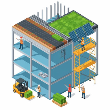 Construction site with workers and building materials.