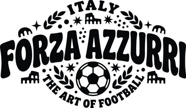Forza azzurri the of football italy sports with soccer ball, roman colosseum and laurel wreath on a white background