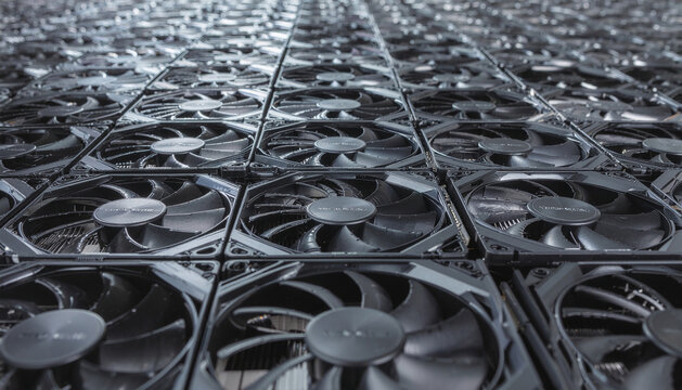 大量に並ぶ冷却ファンの工業的テクノロジー背景 generative ai