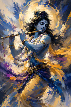 cosmic abstract art of lord krishna playing flute with a dynamic pose