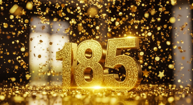 A glittering '185' stands out amidst a burst of golden confetti and stars, creating a festive and celebratory atmosphere.
