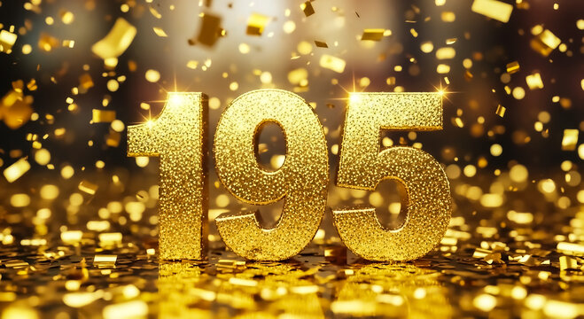 A vibrant celebration scene featuring golden confetti and sparkling '195' numbers in glittering gold.