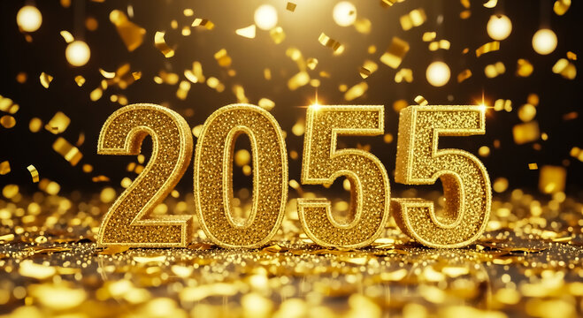 Glittering golden '2055' numbers surrounded by sparkling confetti on a dark, celebratory background, evoking a festive or futuristic theme.