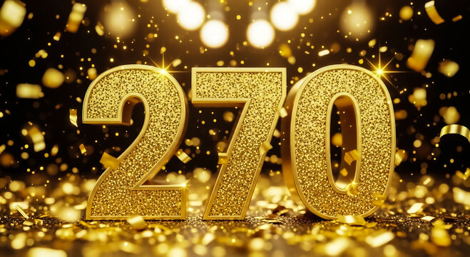 Celebratory image featuring golden 270 numbers surrounded by sparkling confetti and a glittering background, symbolizing festivity.