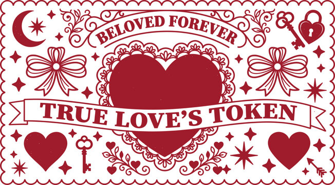 A vintage-style romantic featuring a large central heart, decorative ribbons, keys, locks, and stars with the text beloved forever and true love's token in deep red on white