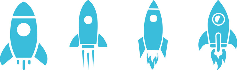 Rocket icon set launch startup spaceship shuttle missile spacecraft galaxy universe technology innovation exploration astronomy science futuristic transport speed power energy vector icon. © ZK Vectors
