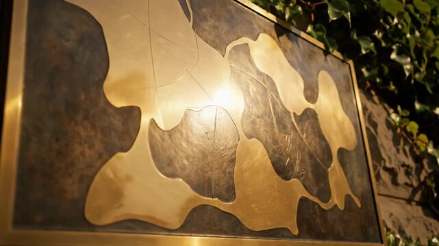 Abstract metallic art piece with a golden sheen, mounted on a textured background with ivy vines