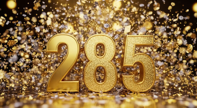 Golden 3D numbers '285' surrounded by sparkling confetti and glitter, set against a festive, celebratory backdrop.
