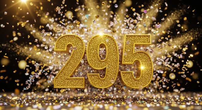 Celebratory image featuring the number 295 in gold glitter, surrounded by sparkling lights and confetti for a festive feel.