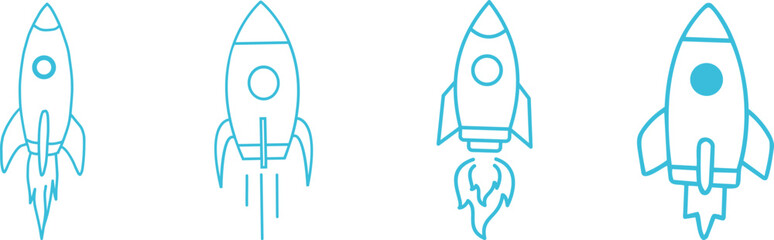 Rocket icon set launch startup spaceship shuttle missile spacecraft galaxy universe technology innovation exploration astronomy science futuristic transport speed power energy vector icon. © ZK Vectors