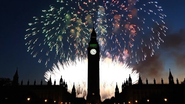 Vibrant fireworks explode over an iconic clock tower and historic parliament buildings at night, creating a breathtaking celebratory spectacle