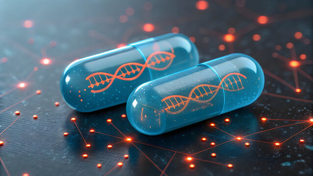 Illustration of dna strands encapsulated within futuristic capsule-like structures.