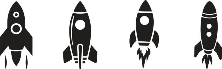 Rocket icon set launch startup spaceship shuttle missile spacecraft galaxy universe technology innovation exploration astronomy science futuristic transport speed power energy vector icon. © ZK Vectors