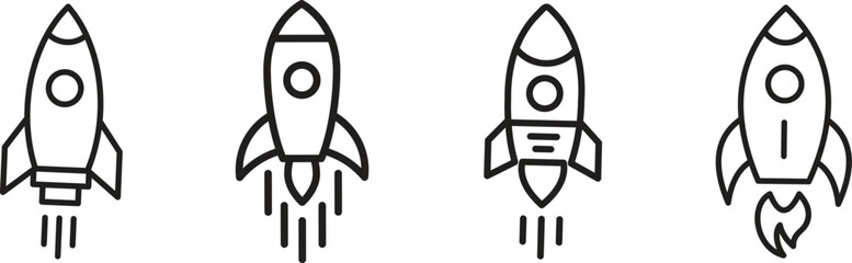Rocket icon set launch startup spaceship shuttle missile spacecraft galaxy universe technology innovation exploration astronomy science futuristic transport speed power energy vector icon. © ZK Vectors