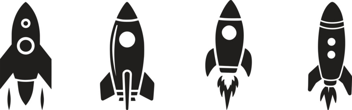 Rocket icon set launch startup spaceship shuttle missile spacecraft galaxy universe technology innovation exploration astronomy science futuristic transport speed power energy vector icon.