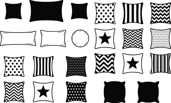 Decorative pillow icon collection featuring square, rectangular, and circular shapes with polka dots, stripes, zigzag, and star patterns