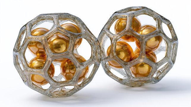 Two intricately designed metallic spheres with golden orbs inside a honeycomb structure on a white background