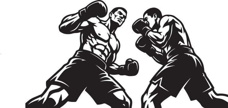 Athletic Boxing Match Illustration - Two Powerful Fighters Sparring in Training Ring - Professional Combat Sports