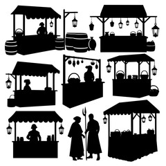 Obraz premium Silhouettes of medieval market stalls merchants and characters on white background