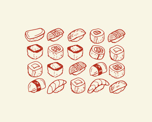 Collection of hand-drawn sushi and sashimi pieces presented in an artistic sketch style japanese illustration minimalist appetizer delicious prepared traditional background creative © Foysal