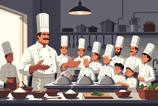 Professional head chef teaching a group of diverse culinary students in a commercial kitchen with steaming silver food covers.
