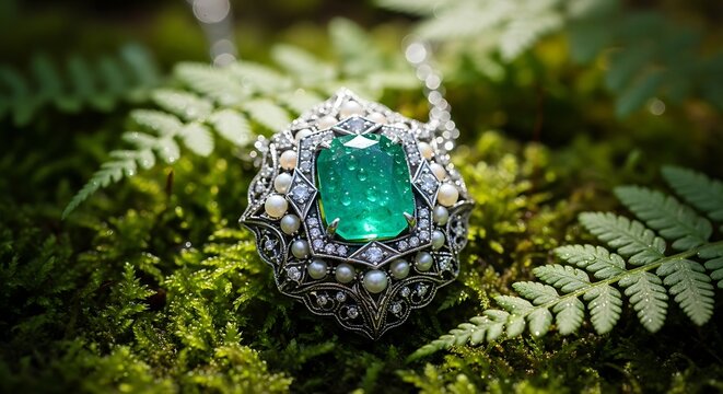 Elegant emerald pendant necklace displayed on lush green foliage background