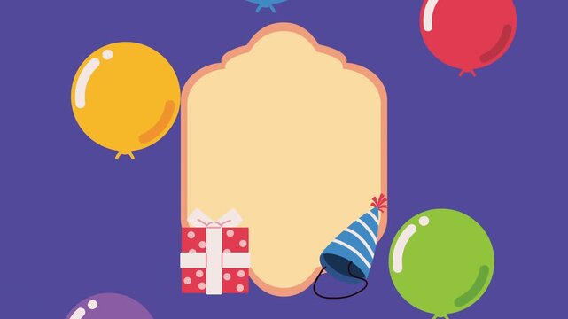 Festive birthday animation with balloons gift box and party hat on purple background with copy space.