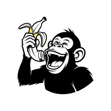 Funny cartoon monkey holding a banana like a telephone