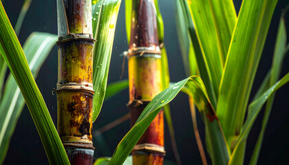 Fototapeta premium Close up of vibrant green sugarcane stalks with water droplets plant agriculture
